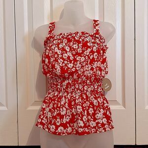 Red Floral Cinched Waist Boho Gauze Knit Tank Top Blouse Shirt Large L NWT